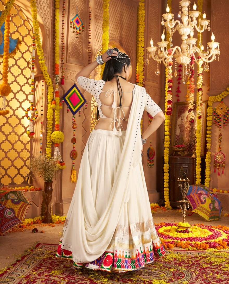 11003 - Sweet White Viscose Rayon Mirror Work Festival Wear Lehenga Choli